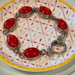 Vintage Sterling Silver & Red Spiny Oyster Shell Oval Link Bracelet - 7